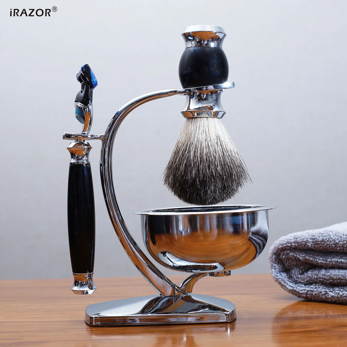 iRAZOR 5 Layer Safety Razor Shaving Kit Badger Hair Cream Brush and Shaver Mug Bowl Stand Holder Birthday Christmas Holiday Gift