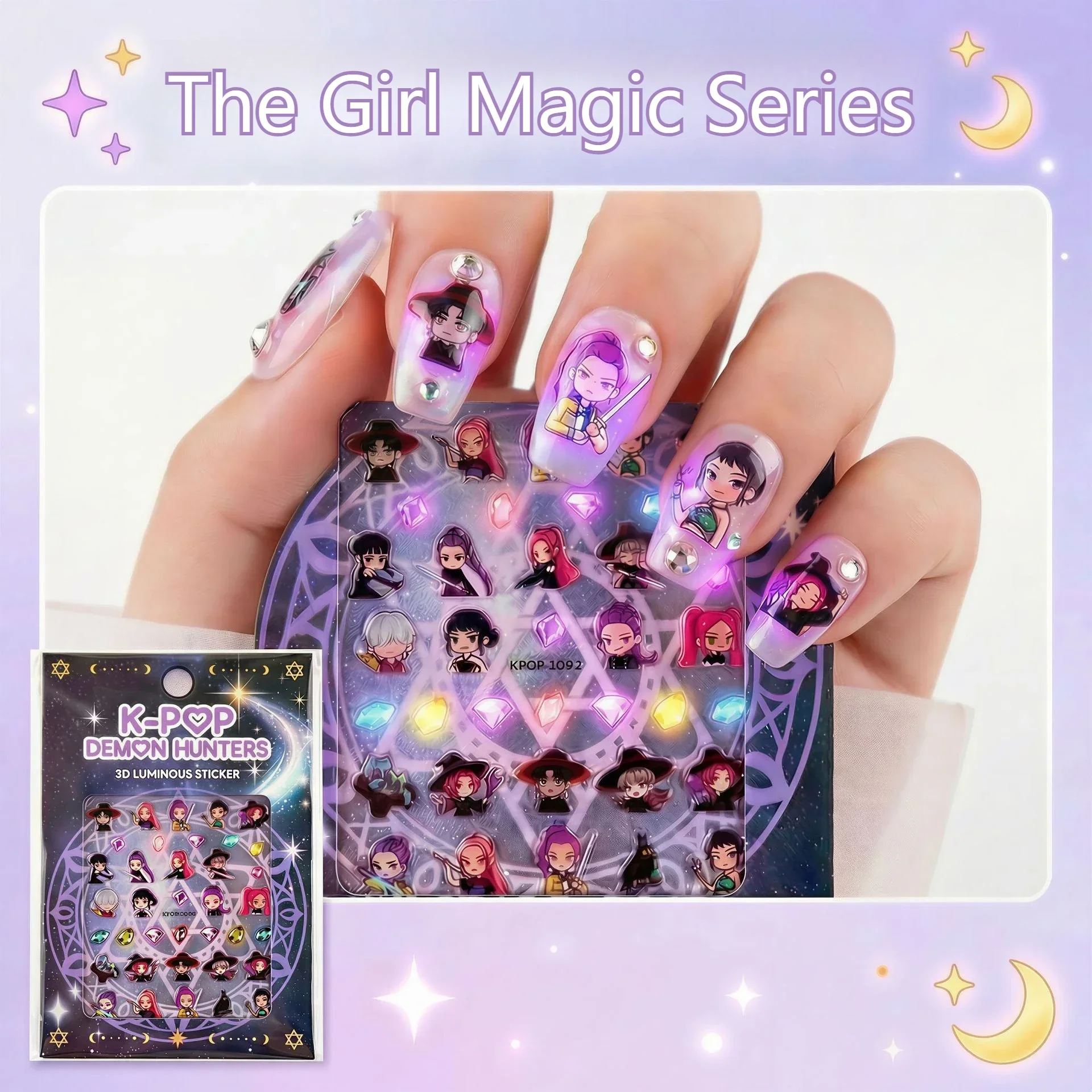 Cute Girls 3D Luminous Full Nail Decals Universal Fashion Stickers for Journal Cards, Children Daily Dress Up Play Decor
