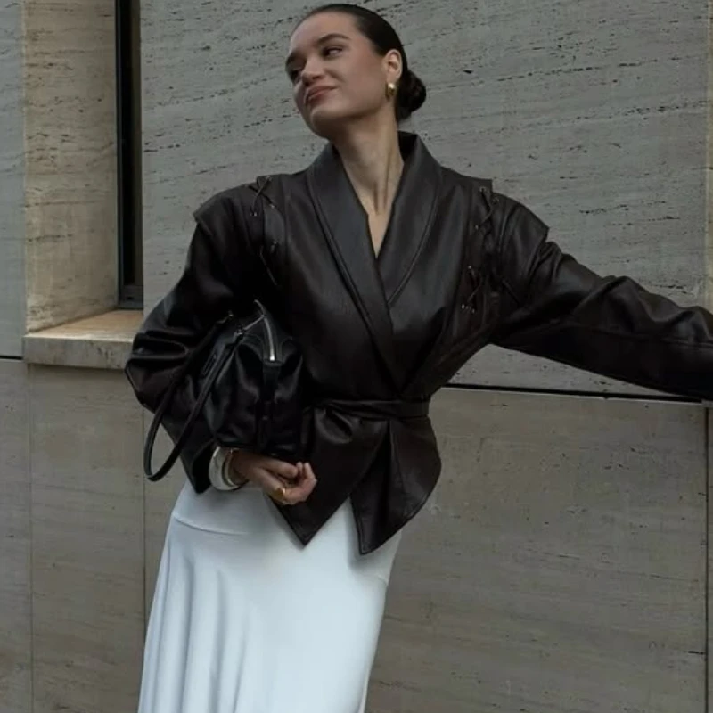 

TARUXY Street Retro Belt Leather Jacket Women's Fashion Lapel Lace-Up Loose Long Sleeves Splicing Coat Autumn High Street Jacket