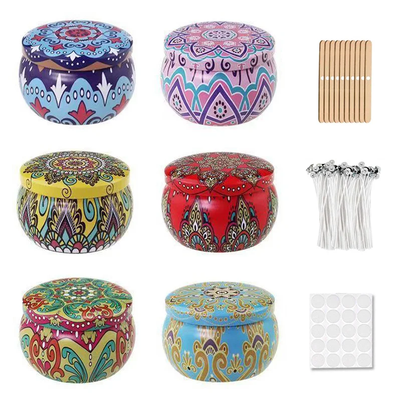 6Pcs Candle Tin Jars DIY Candle Making kit Holder Storage case Wicks Sticker for Dry Storage Spices Party Favor and Sweets Gifts