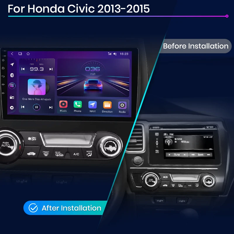 Junsun Wireless Carplay Android Auto Android 15 Car Multimedia Touch Screen Head Unit for Honda Civic  2013 2014 2015 GPS Radio Bluetooth 5.0 4G LTE 5G WiFi Smart Voice Control Stereo Receiver