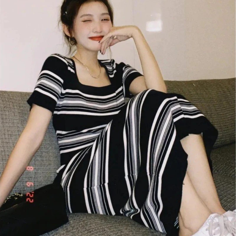 Dress Women Mid Length Dresses Striped Knitted Vest Vestidos Y2k Streetwear U Neck Short Sleeve Elegant Summer Party Work 2025
