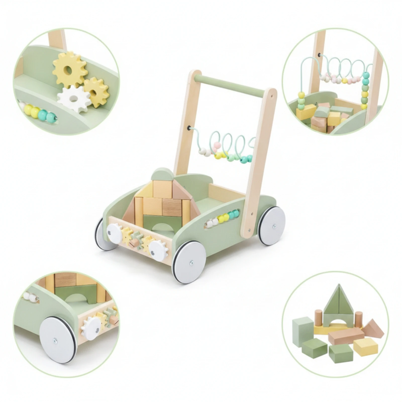 Toddler Push Cart Toy with Blocks Sensory Wooden Baby Toddler Push Cart Interactive Child-Centered for Toddlers, Playroom view 2