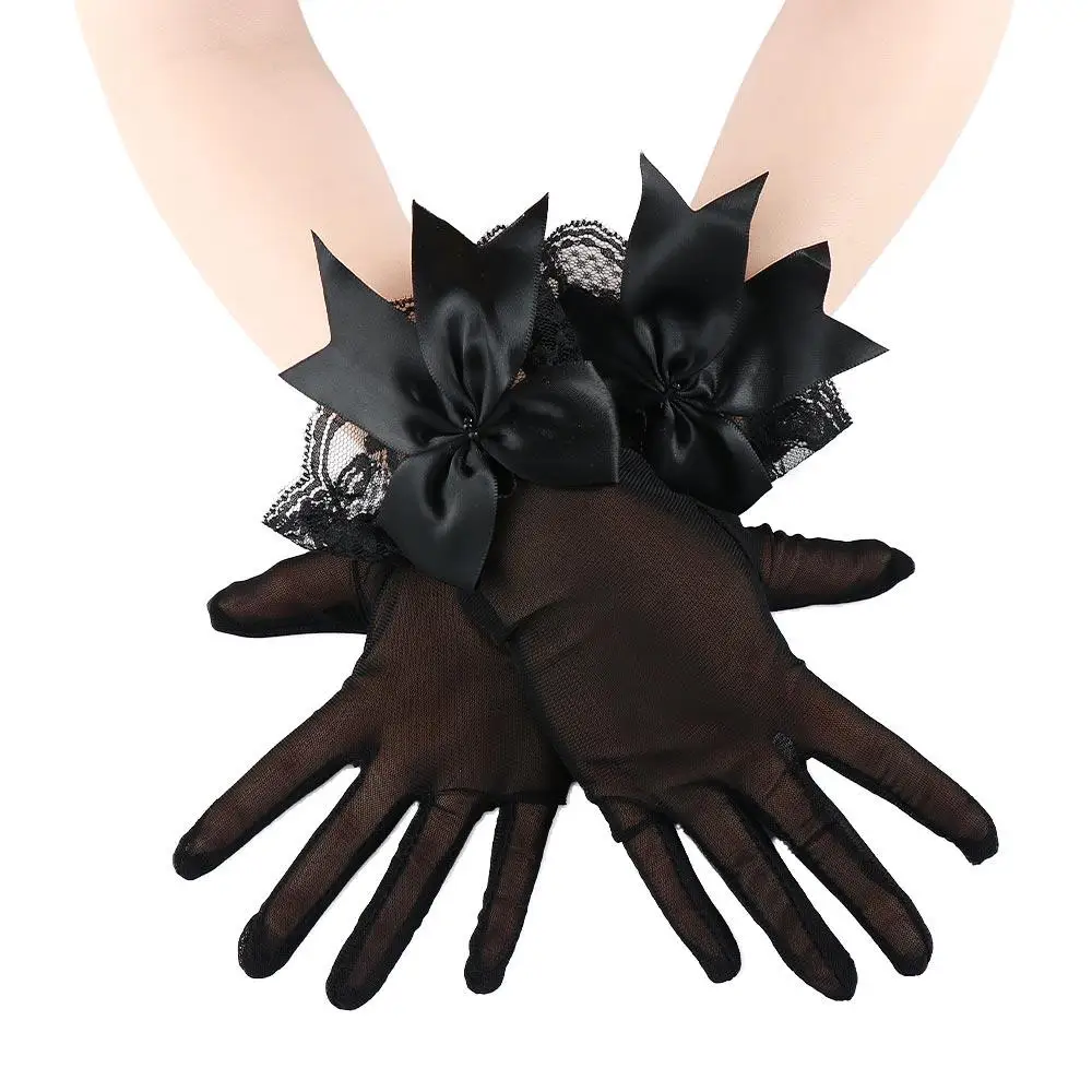 Black White Ladies Cosplay Accessories Weddings Wrist Gloves Large Bownot Mesh Gloves Lace Gloves Bride Mittens