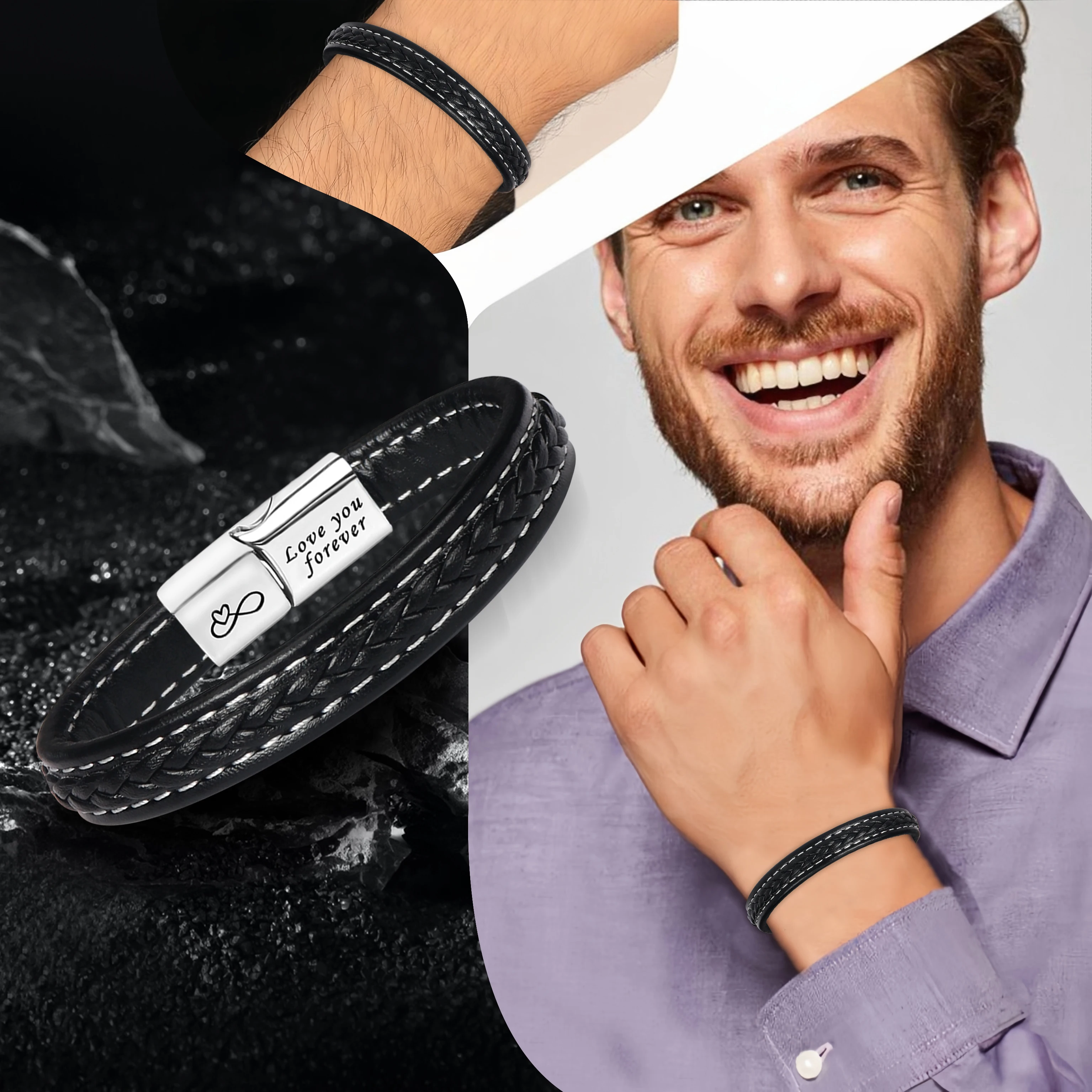 아빠의 생일 선물 - 자석 걸쇠가 달린 가죽 팔찌, 맞춤 각인, 카드 포함 - 아버지의 날에 딱 맞습니다.