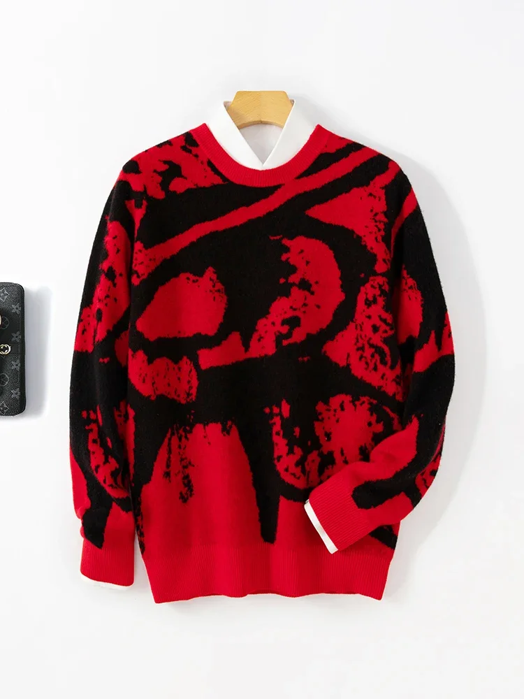 Fashion Men's 100% Merino Wool Pullover Chinese Style Knit Sweater O-neck Jacquard Top Autumn Winter Cashmere Long Sleeves