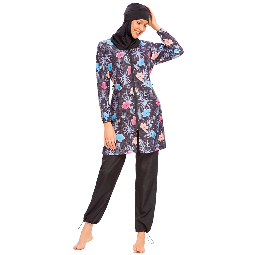 Women\'s Arabian Burkini Long Sleeve Swimsuit, All Covered Beach Wear with Cap, Digital Printed, Loose, New, M052, 3Pcs