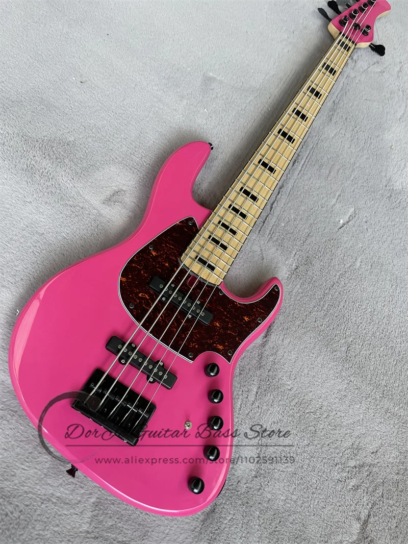 5 Strings Bass Guitar Pink Body Maple Fingerboard Black Inlay Red Tortoise Shell Pickguard Active Battery