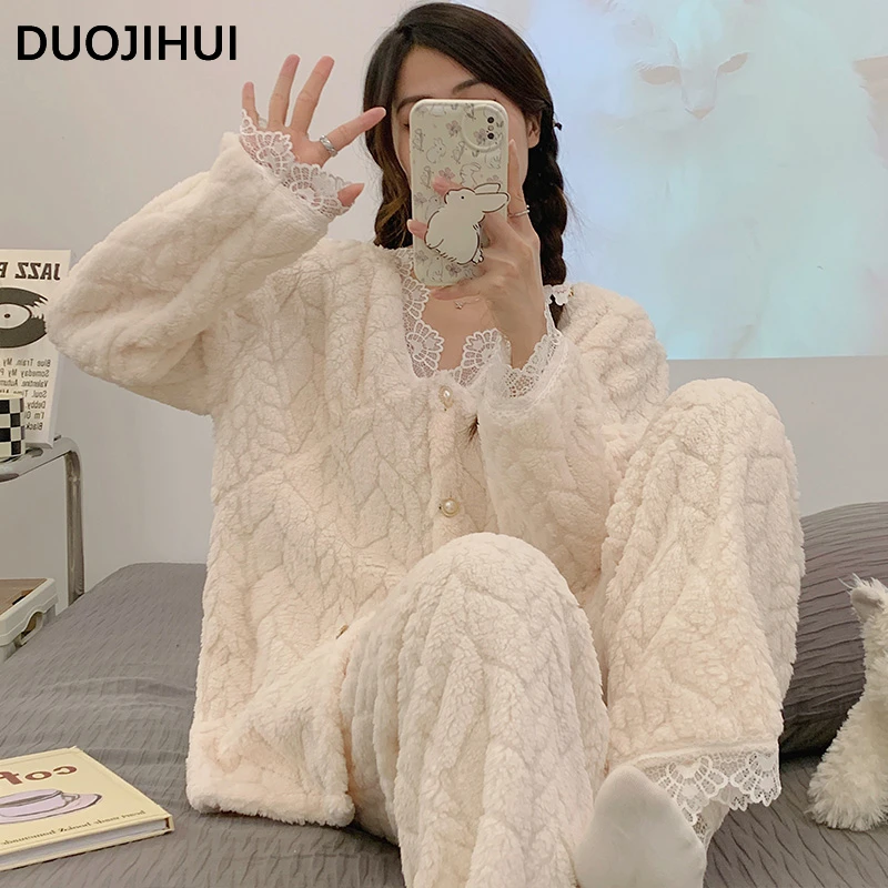 DUOJIHUI Winter Flannel Single Breasted Fashion Top Female Sleepwear Set Simple Loose Casual Pants Chic Lace Pajamas for Women