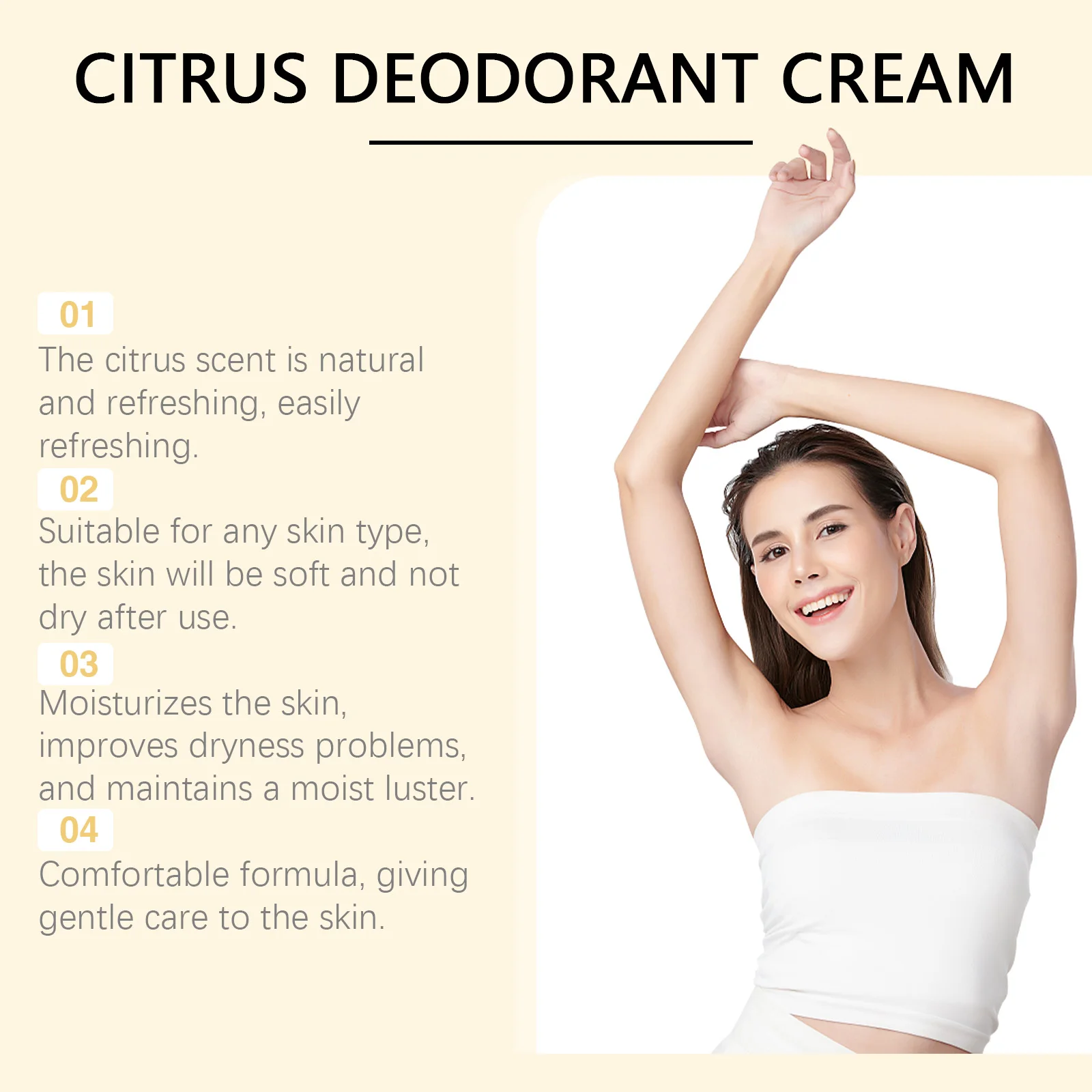 Zitrus-Deodorant-Creme, Achselstich, unangenehmer Geruch, Schweißabsorption, Ölkontrolle, Frische, feuchtigkeitsspendend, pflegend für die Haut