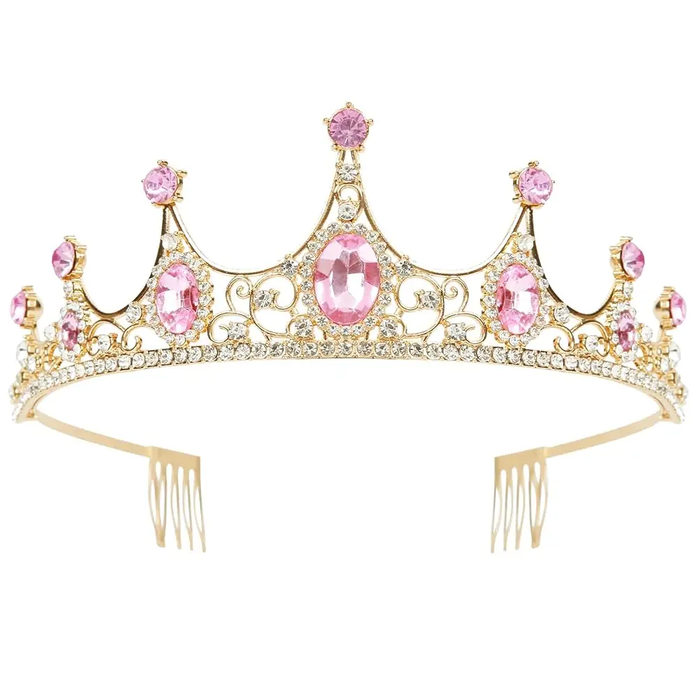 

Розовые тиары для женщин, повязка на голову в виде короны принцессы с гребнями для женщин, элегантные розовые аксессуары для волос со стразами для свадебных торжеств