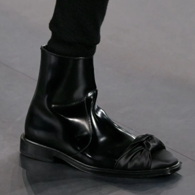 Men's Glossy Patent Leather Satin Twist Knot Chelsea Boots 2026 Square Toe Side Zipper Ankle Boots Black Formal Leather Shoes
