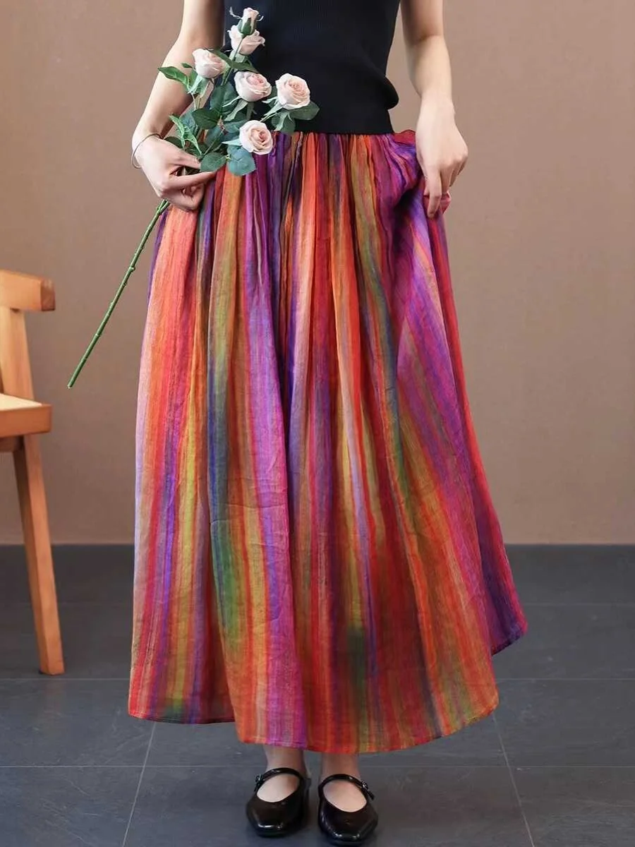 

Slimming High Waist Midi Skirt with Rainbow Stripes Elastic Waist for Women Summer 2025 New Sle A-Line Skirt