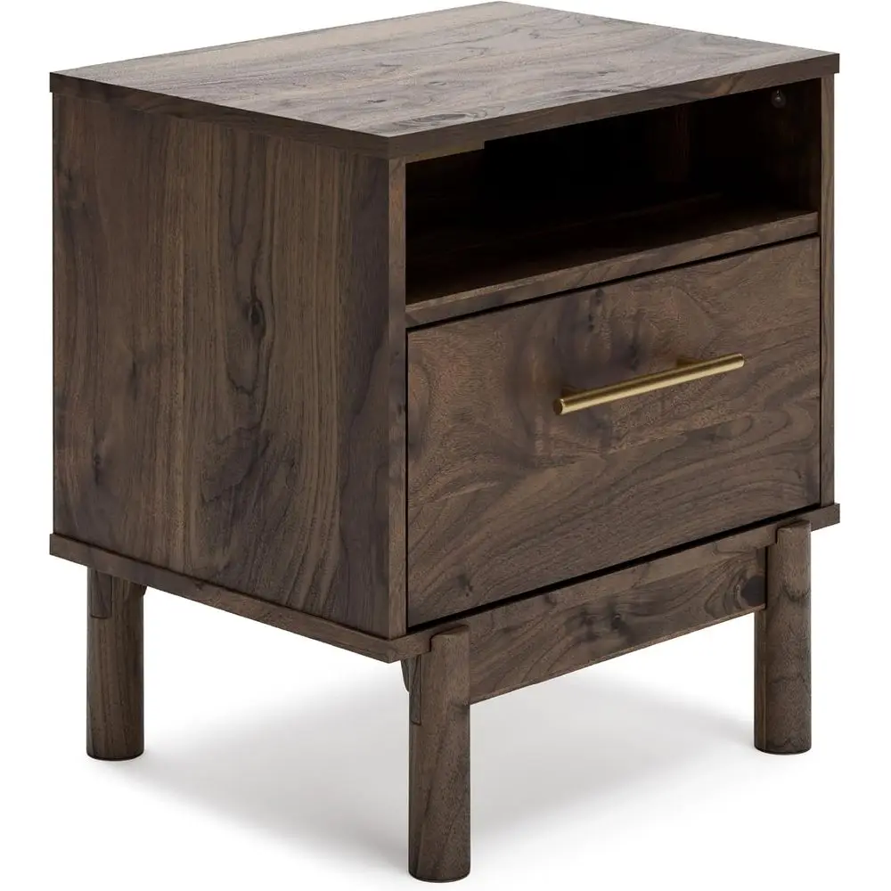 

Modern Dark Brown Nightstand with Drawer and Open Cubby, 21.18 Inches Tall, Stylish Bedroom Furniture