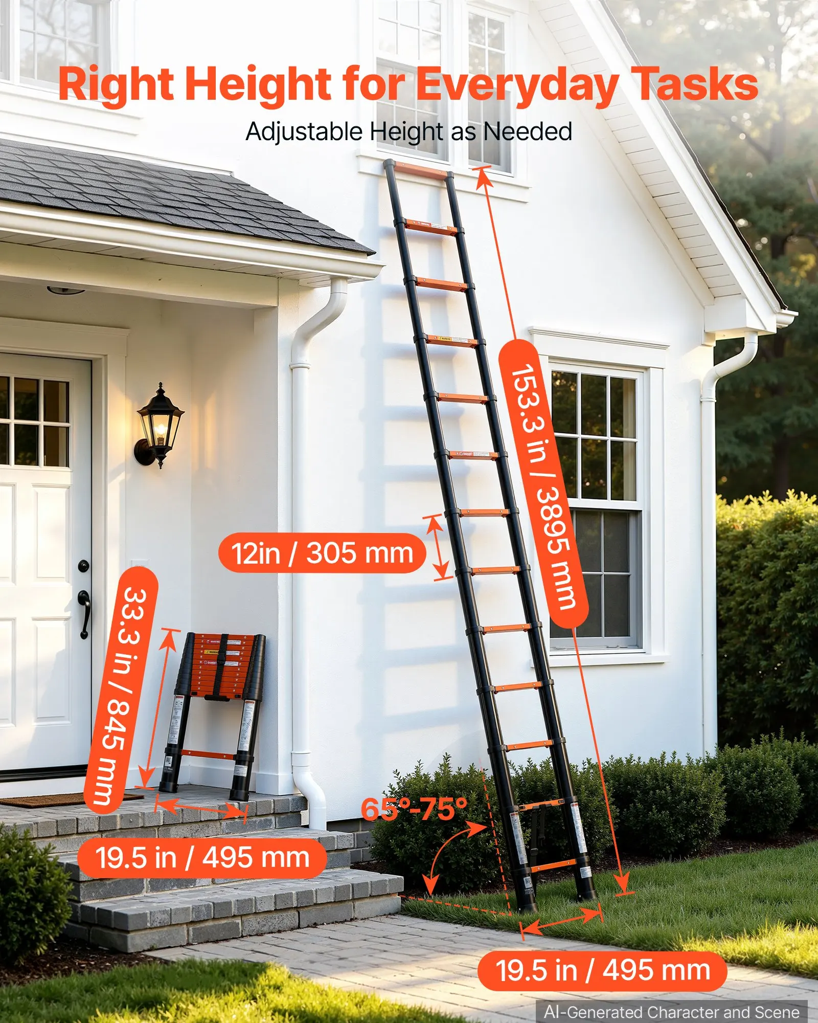 Telescoping Ladder, 12.5 ft Extension Ladder One-Button Retraction, Heavy-Duty 330 lbs Capacity, Painting, Window Cleaning and RV, Aluminum, Anti-Slip Steps, Orange & Black, Designed for Home Repairs