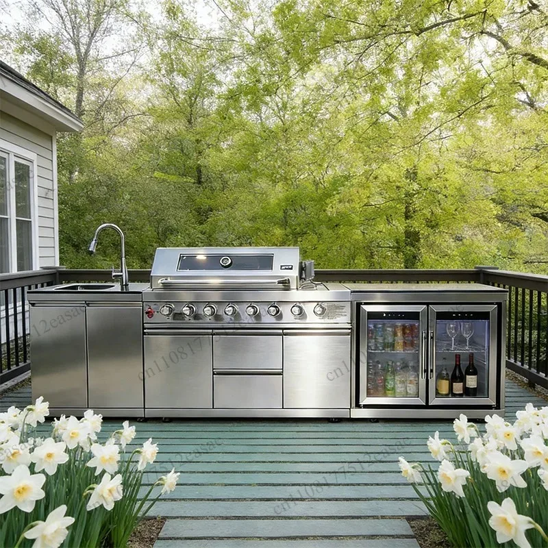 Wheeled Outdoor Backyard Kitchen, Heavy Duty 304 Stainless Steel Cabinet With Built-In Cooking Appliances