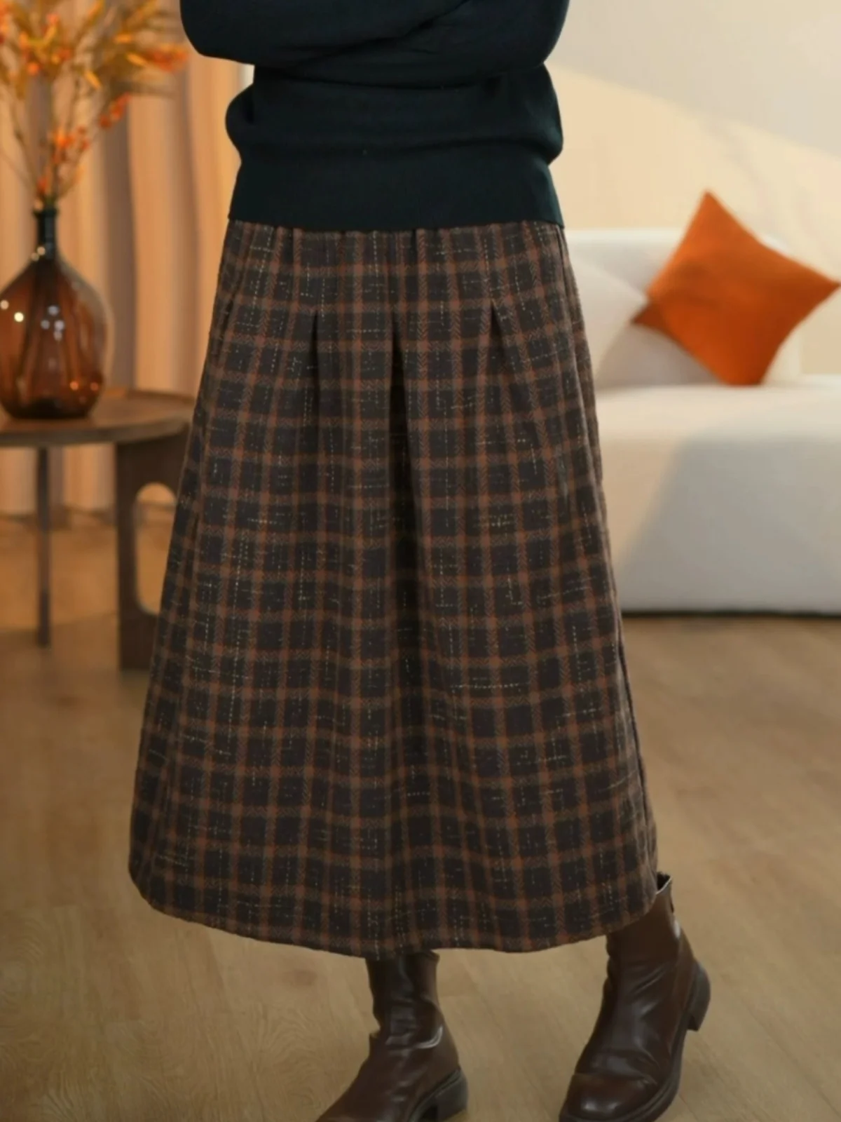 

Thiened шерстяная юбка с высокой талией, весенне-осенняя клетчатая повседневная утягивающая художественная женская юбка больших размеров, модная внутренняя одежда
