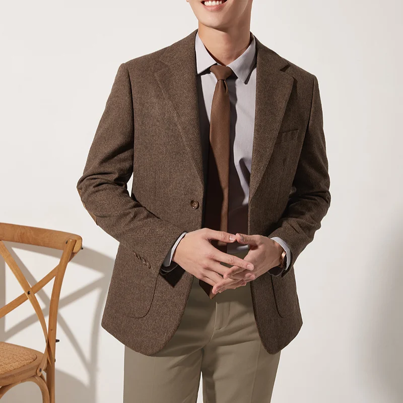 

Classic British Men's College Style Herringbone Wool Blend Elbow Patch Casual Single Breasted Suit Autumn Winter Men's Business
