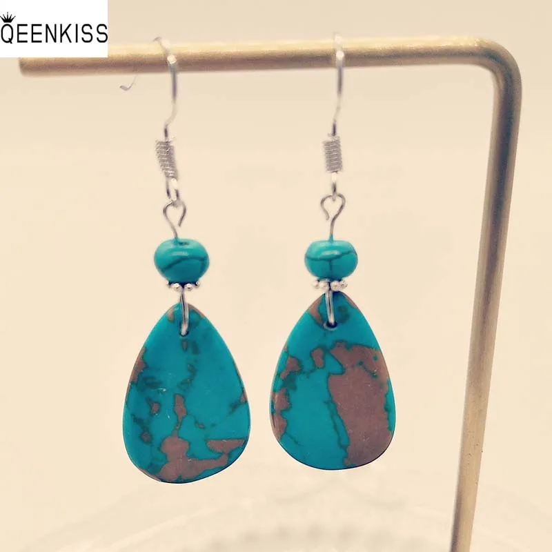 

QEENKISS EG6256 2022Jewelry Wholesale Fashion Woman Girl Birthday Wedding Gift Water Drop Turquoise Antique Silver Drop Earrings