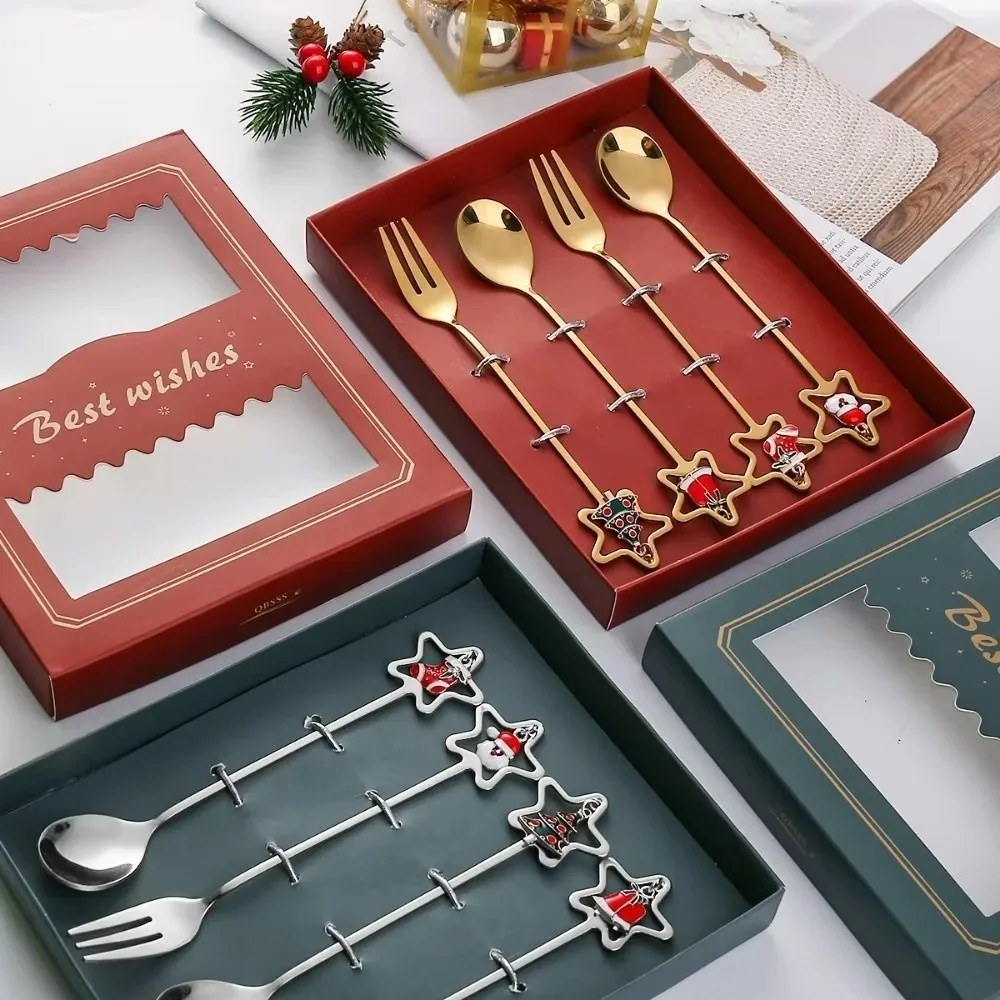 A Set High Quality Stainless Steel Christmas Party Spoon Gold Silver Exquisite Tableware Creative Spoon Fork Set Gift Giving