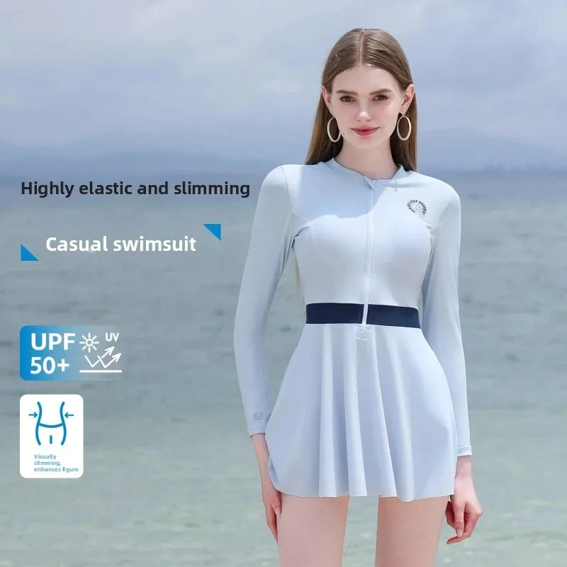 

Купальник с длинными рукавами, солнцезащитный купальный костюм, высокоэластичный купальник для похудения в стиле платья для занятий на пляже и у бассейна