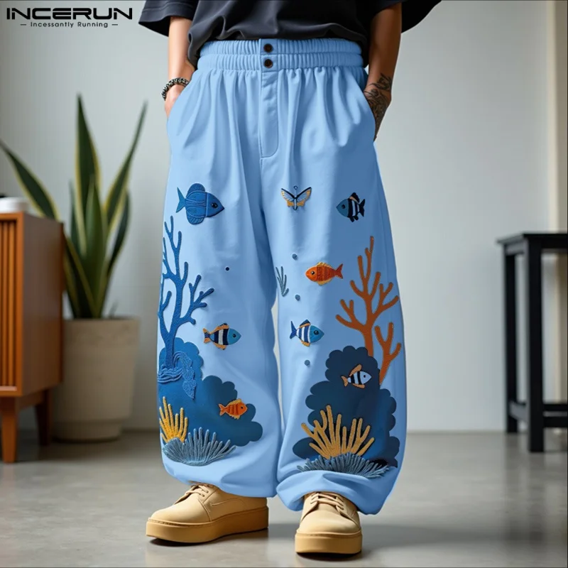 INCERUN Men's Pants Printing Elastic Waist Joggers Loose Casual Straight Trousers Men Streetwear 2025 Fashion Long Pants S-5XL