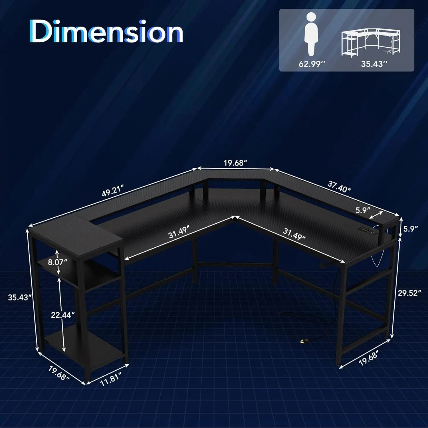 L-Shaped Gaming Desk with Power Outlets & LED Strips and Storage Shelves, Corner Computer Desk with Monitor Stand, Home Office