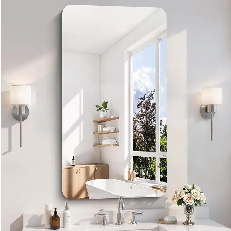 

Frameless Wall Mirror, 24 x 48 Bathroom Mirror Rounded Corner, HD Shatterproof Vanity Mirror with Polished Edge for Over Sink, B