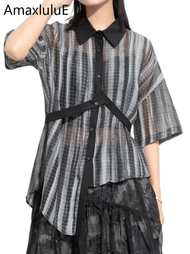 

Amax LuluE: Модные полосатые рубашки в британском стиле для женщин, коллекция 2026 года. Винтажные классические люксовые топы, летние повседневные блузки с пэчворком для дам.