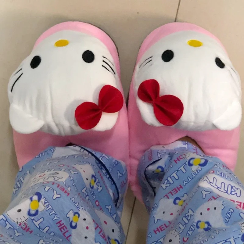 Sanrio Y2K Hello Kitty Plush Cotton Shoes Women Kawaii Anime Kt Big Head Slippers Flat Pink Winter Cute Student Girl Sweet Gift