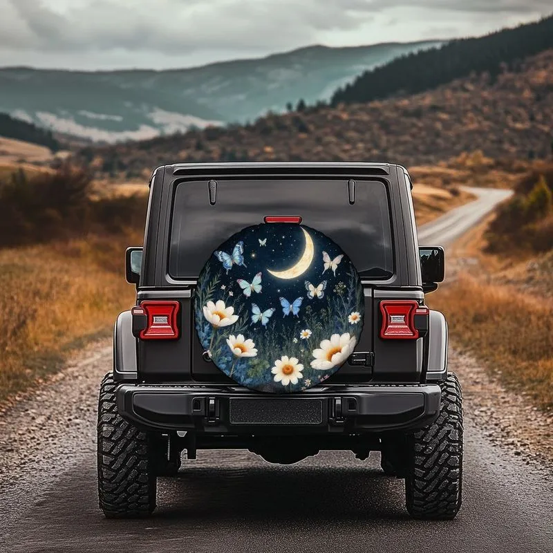 

Starry Night Butterfly Flower Tire Cover Durable Polyester Spare Wheel Protector for SUV
