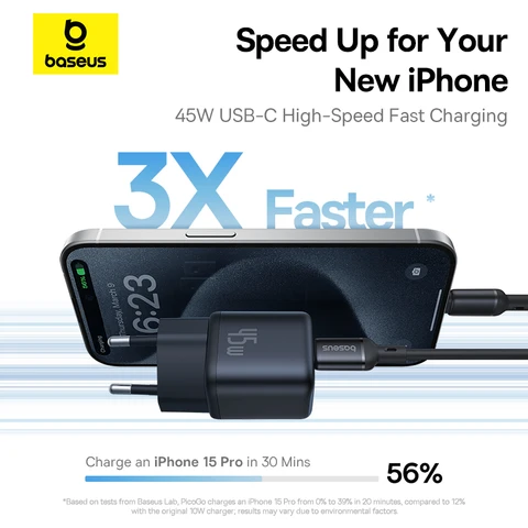 Зарядное устройство Baseus 45 Вт PD для iPhone 17 16 15 Pro Max Samsung Galaxy Быстрое зарядное устройство GaN Зарядное устройство USB C Портативное зарядное устройство для телефона