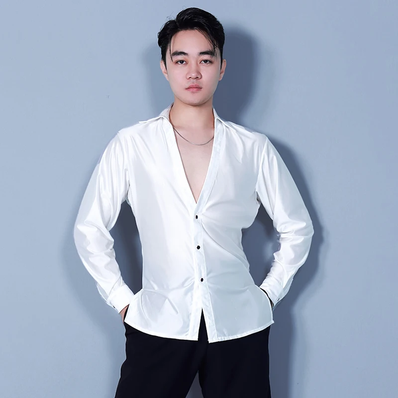 Latn Dance Competition Shirt For Men Satin Long Sleeve Top Male Tango Ballroom Dancing Performance Top White V-Neck Shirts 3624