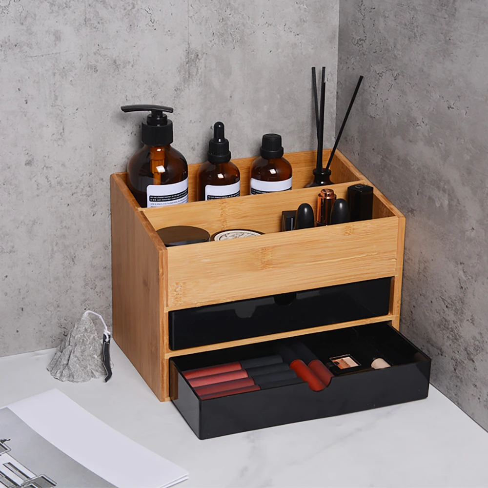 Bamboo Separate Cosmetic Drawer Storage Box Desk Organiser Office Storage Box Desktop Jewelry Skin Care Rack