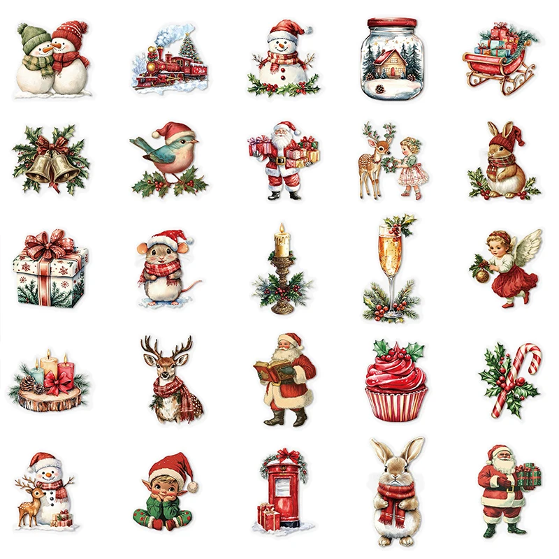 50 قطعة ريترو لطيف سانتا كلوز ملصقات عيد الميلاد هدية عيد الميلاد صندوق جراب هاتف دفتر أكواب مياه خوذة PET شفافة الشارات
