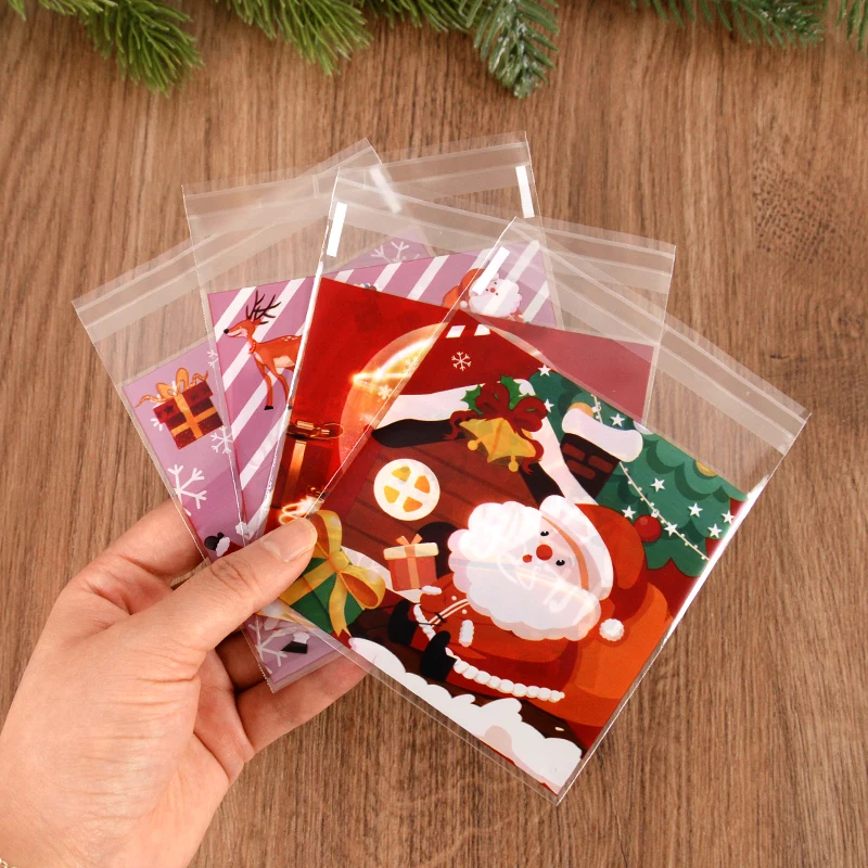 100Pcs Christmas Candy Gift Bag Self Adhesive Snack Cookie Baking Packaging Bags Navidad Xmas Party Decor Supplies New Year 2025