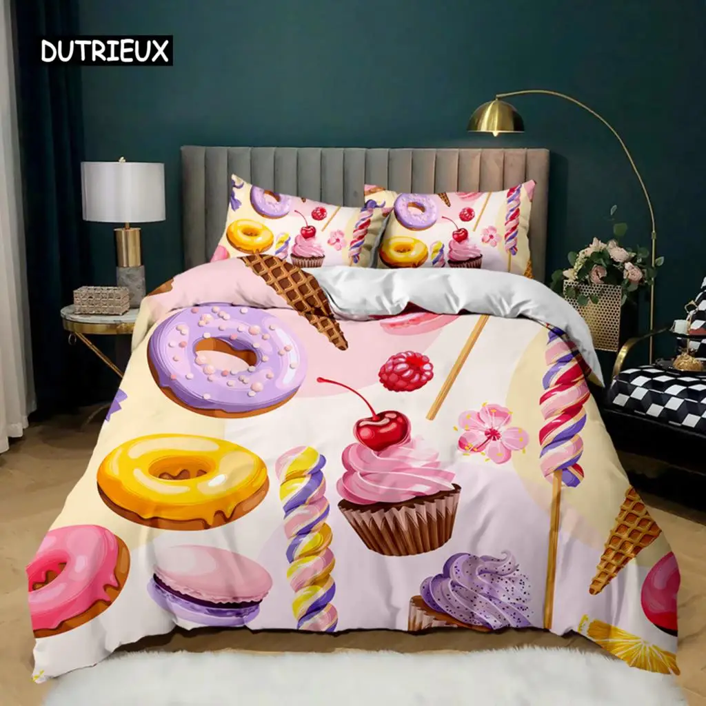 

Doughnut Duvet Cover Colorful Tie Dye Qulit Cover for Kids Gift Girly Cute Sweet Multicolor Dessert Food Polyester Bedding Set