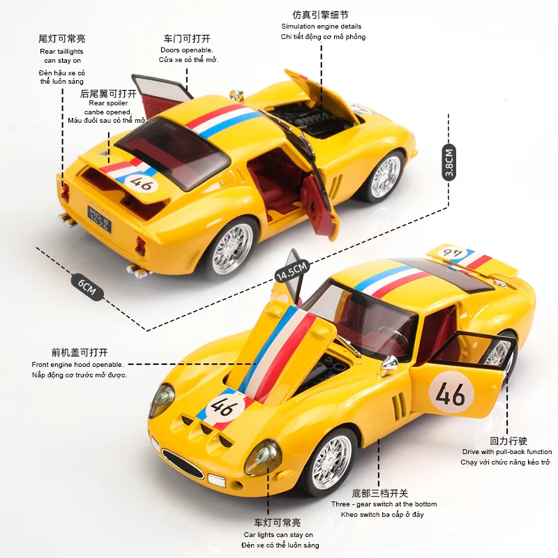 

Модель спортивного автомобиля 250GTO из сплава, масштаб 1:32, металлическая игрушка с подсветкой и звуком, коллекционная, подарок для детей