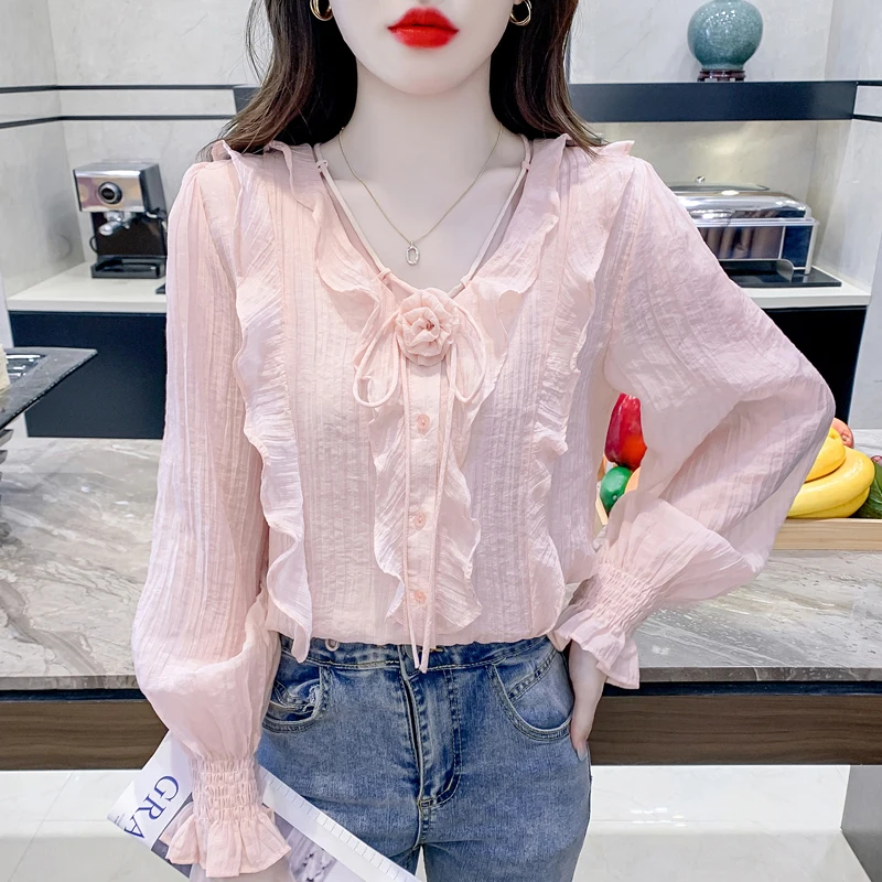 

French Style Pink New V-neck Ruffle Women's Autumn Design Sense Shirt Long Sleeve Blouse