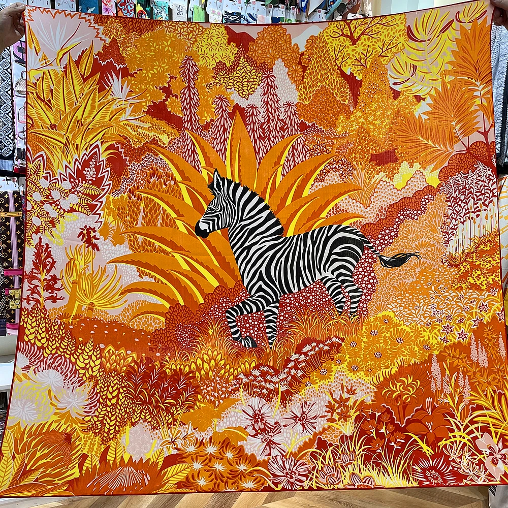 135CM Silk Cashmere Scarf Women Hand Rolled Shawl Forest Zebra Print Square Scarves Wraps Lady Bandana Big Hijab Female Foulards