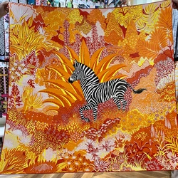 135CM Silk Cashmere Scarf Women Hand Rolled Shawl Forest Zebra Print Square Scarves Wraps Lady Bandana Big Hijab Female Foulards