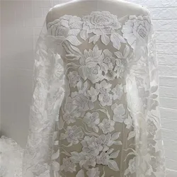 Latest  Off White Big Flower Mesh Embroidery Lace Fabric Wedding Gown French Lace Face 1 Yard Width 130cm