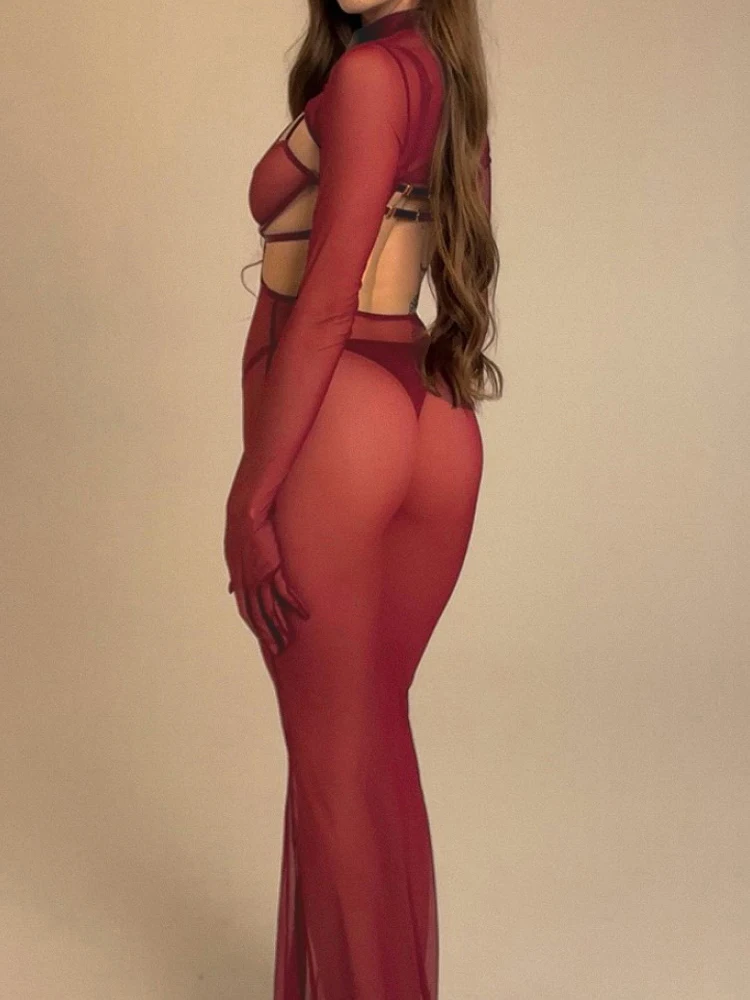 Red High-Quality Perspective Mesh Lingerie Set Backless Complex Hanging Neck Design Shaping Sexy Four-Piece Set with Stockings