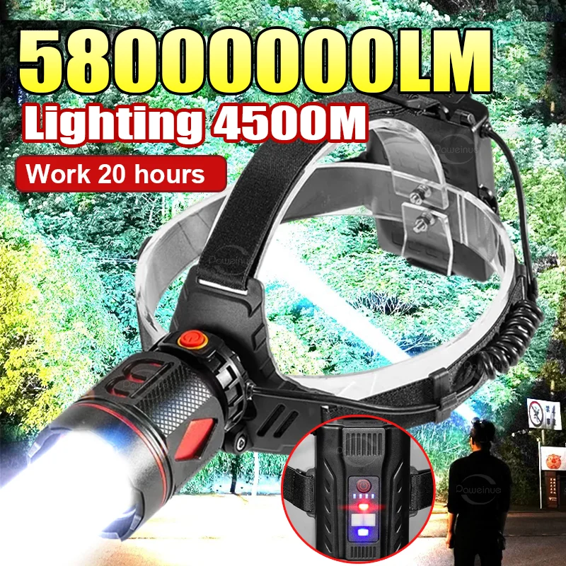 

58000000LM Налобный фонарь сверхвысокой мощности Type-c Перезаряжаемая светодиодная фара дальнего действия 4500 м Налобный фонарик Мощный фонарь для кемпинга