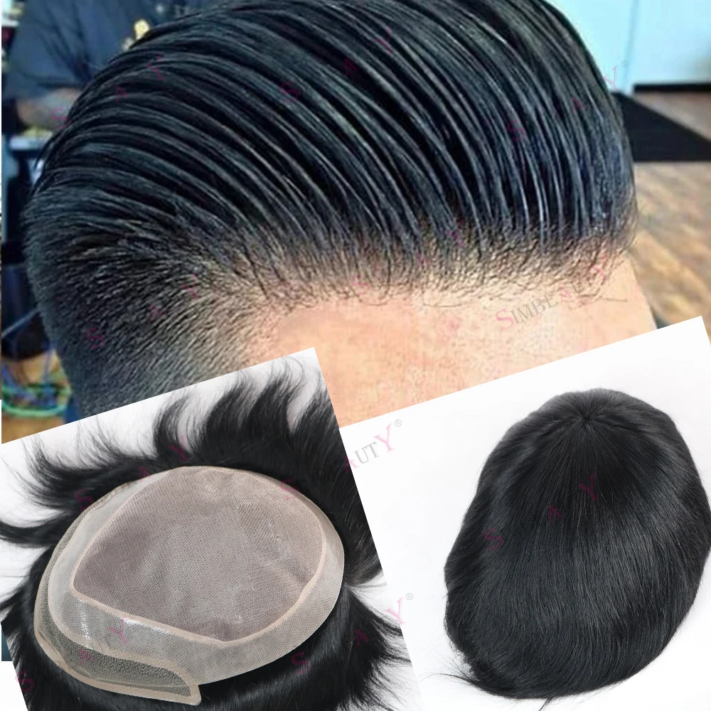 Garis rambut alami 2024 baru rambut palsu pria 100% wig rambut manusia renda Super tahan lama & dasar PU lembut potongan rambut lurus Sistem prostesis