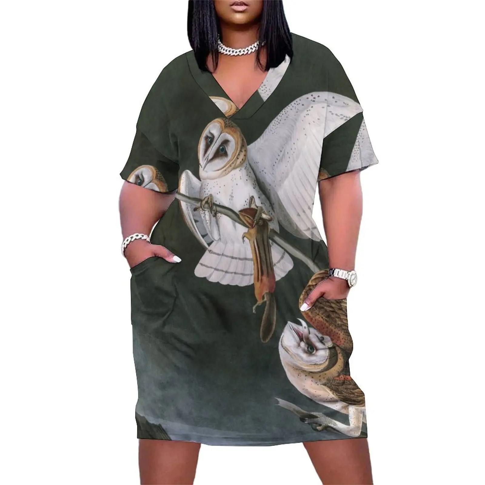 

Barn Owls, the Birds of America by John James Audubon Loose Pocket Dress summer clothes women's clothing korea stylish