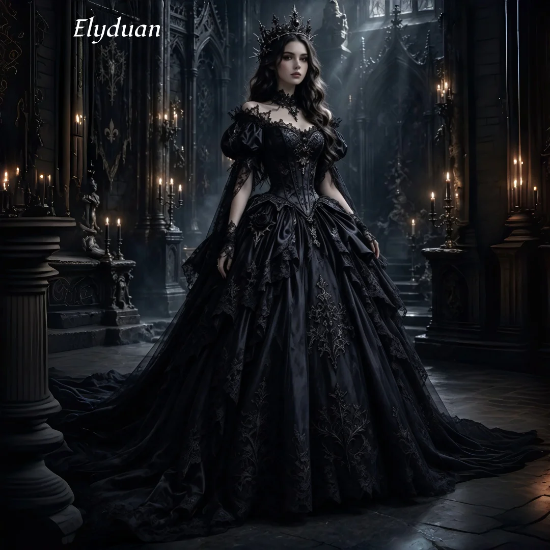 Black Gothic Wedding Dress Puff Sleeve Lace Corset Ball Gown Dark Queen Vampire Halloween Costume Bridal Gown Customized