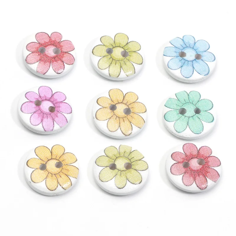 30pcs Cute Sunflower Printed 15mm 2-Holes Wooden Button for Diy Clothes Handmade Needlework Sewing Accessories Home Decorative