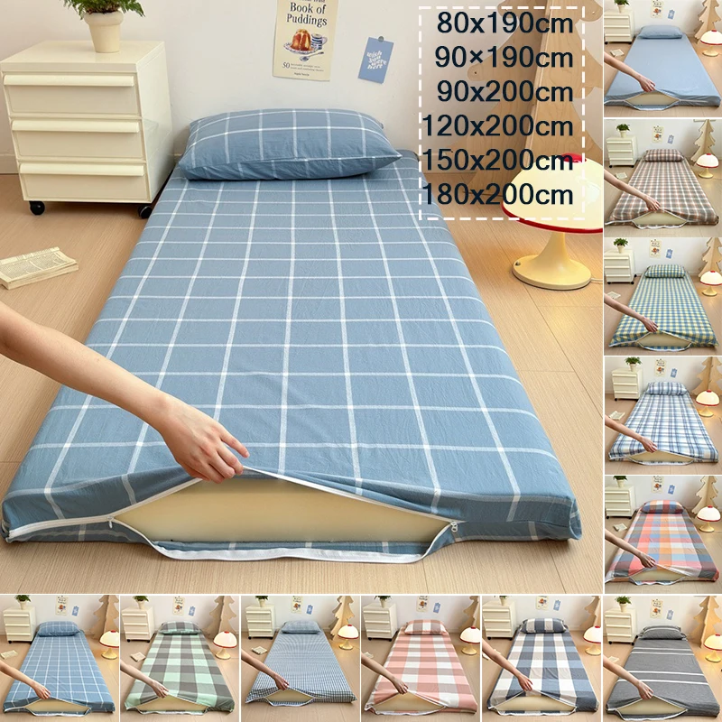 1pc 100% Cotton Mattress Cover with Zipper Fully Enclosed Bed Protector Non-slip Breathable Pad Cover for Student Dormitory Bed