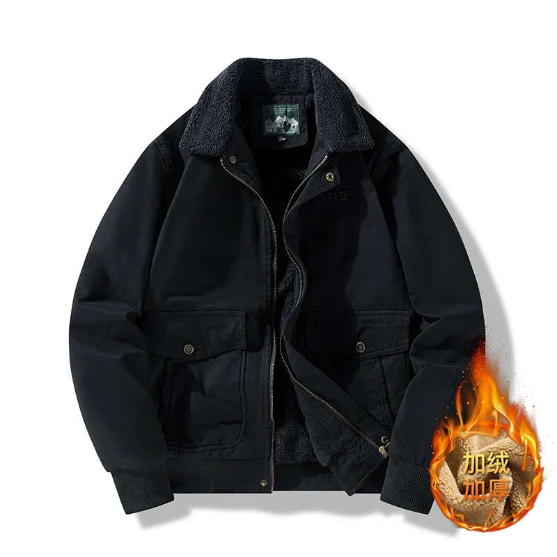 

Летное пальто с меховым воротником и карманами с лацканами, флисовая куртка-бомбер, парка, хлопковая хлопковая куртка на молнии для мужчин, зимняя плюшевая парка